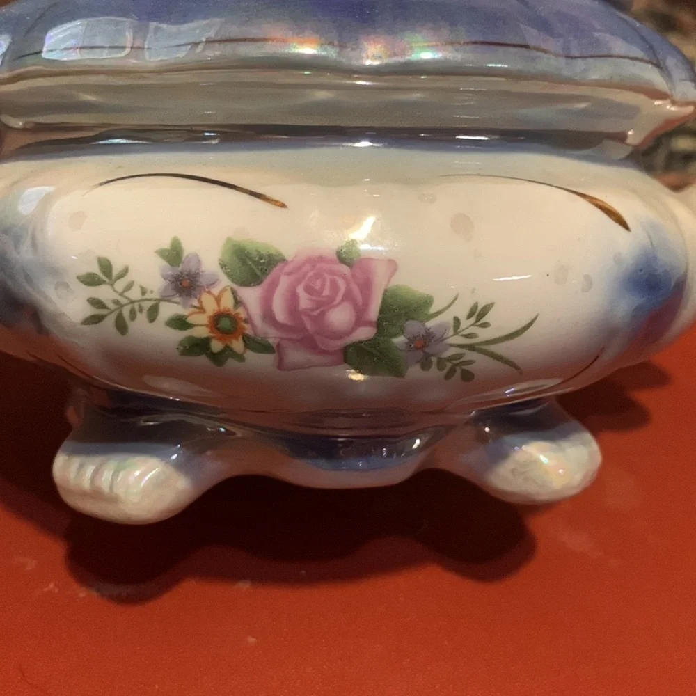 Vintage Blue & White Floral Iridescent Carnival Glass Footed Candy Dish With Lid